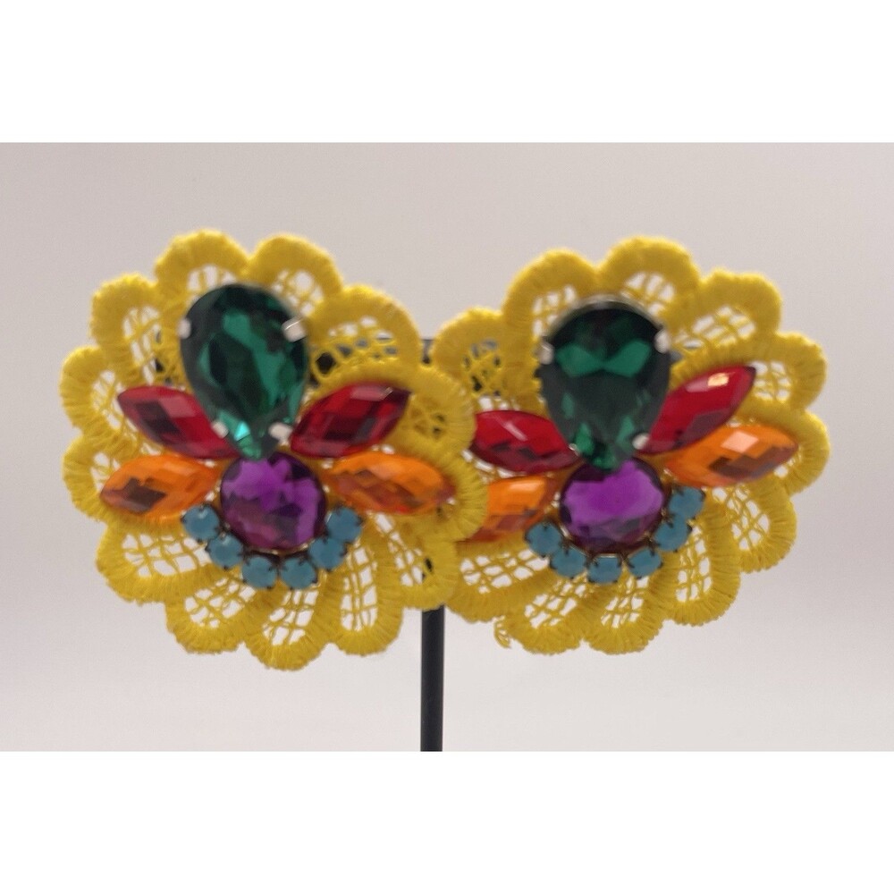 Vintage Handmade Tropical Yellow Multicolor Rhinestone Statement Earrings